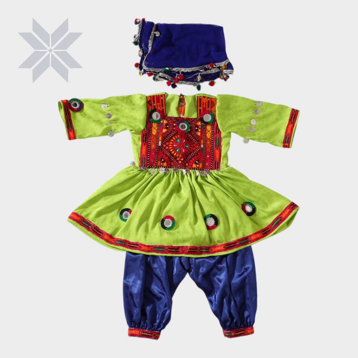 Lime Green & Royal Blue Embroidered Afghani Dress Set kids 2
