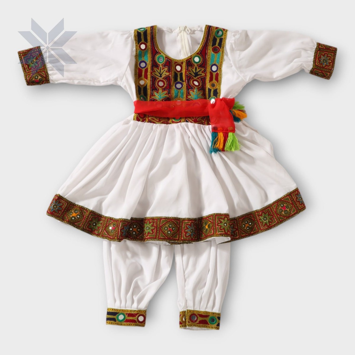White Embroidered Traditional Afghani Dress Set (Kids) 1