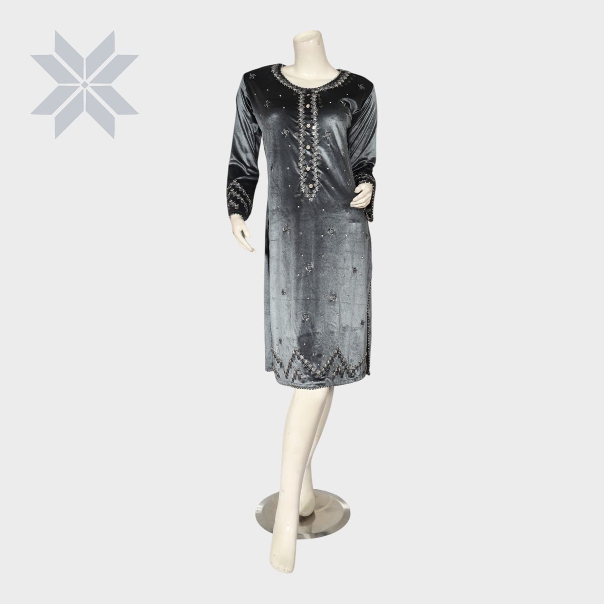 Charcoal Grey Embellished Velvet Tunic Dress 4