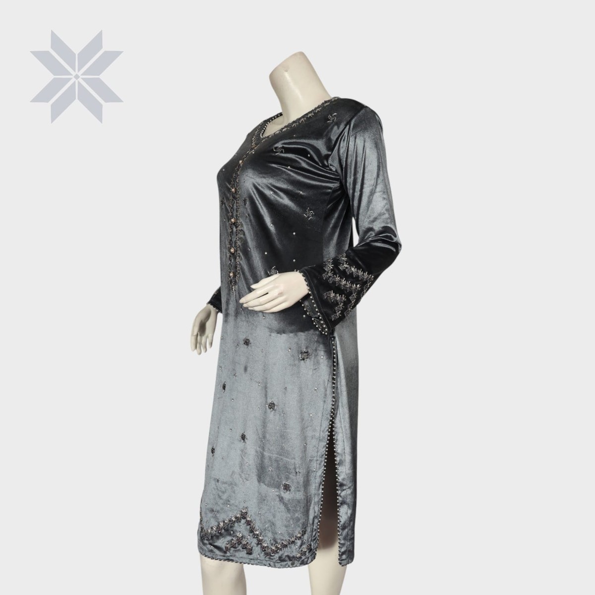 Charcoal Grey Embellished Velvet Tunic Dress 3