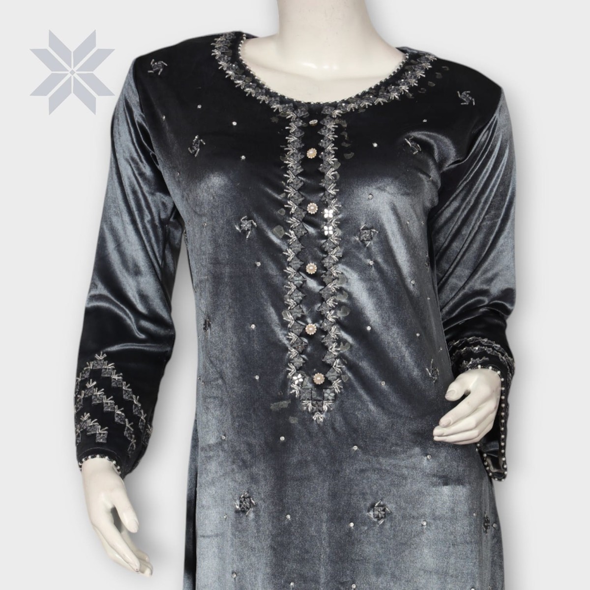 Charcoal Grey Embellished Velvet Tunic Dress 1
