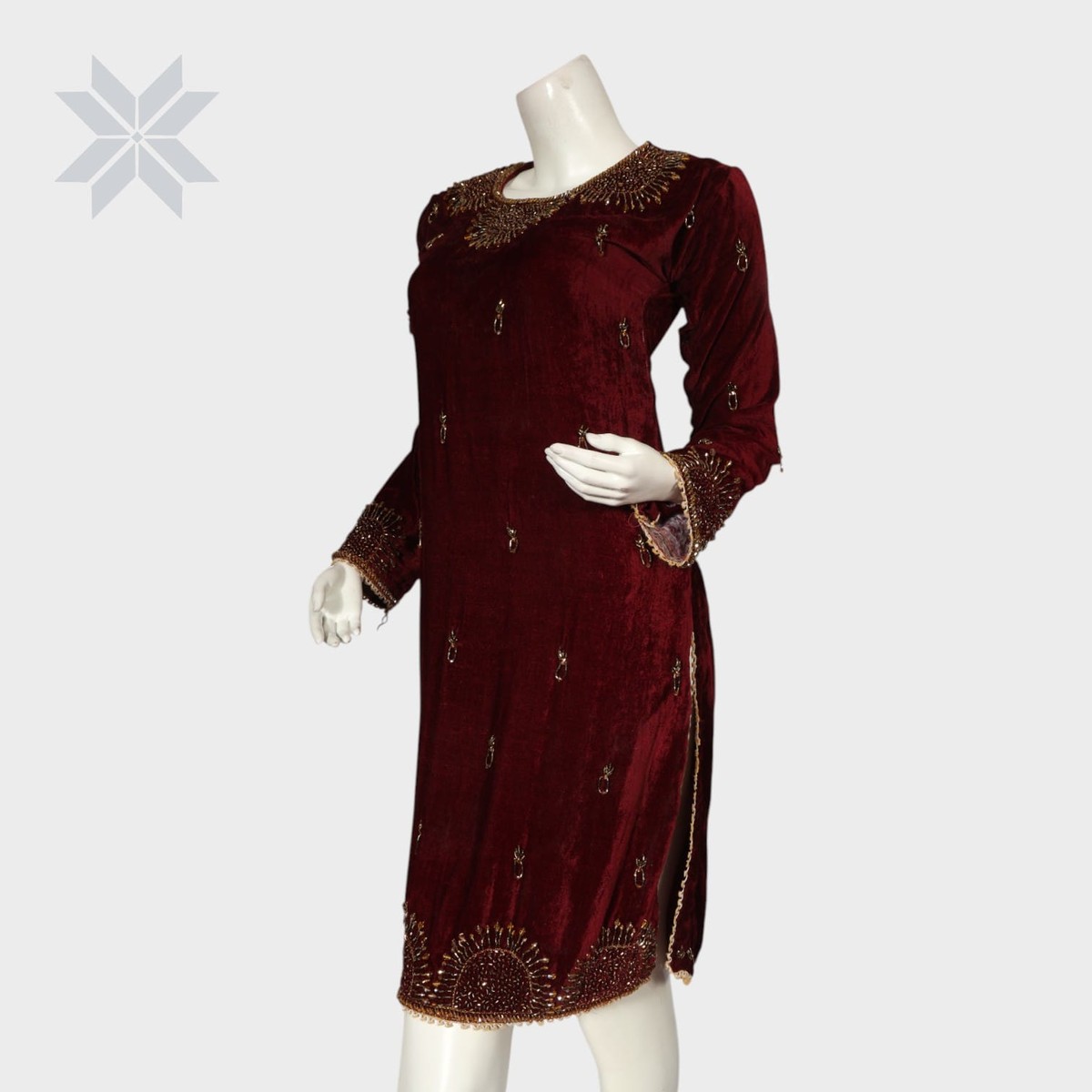 Maroon Hand-Embroidered Velvet Formal Dress 4