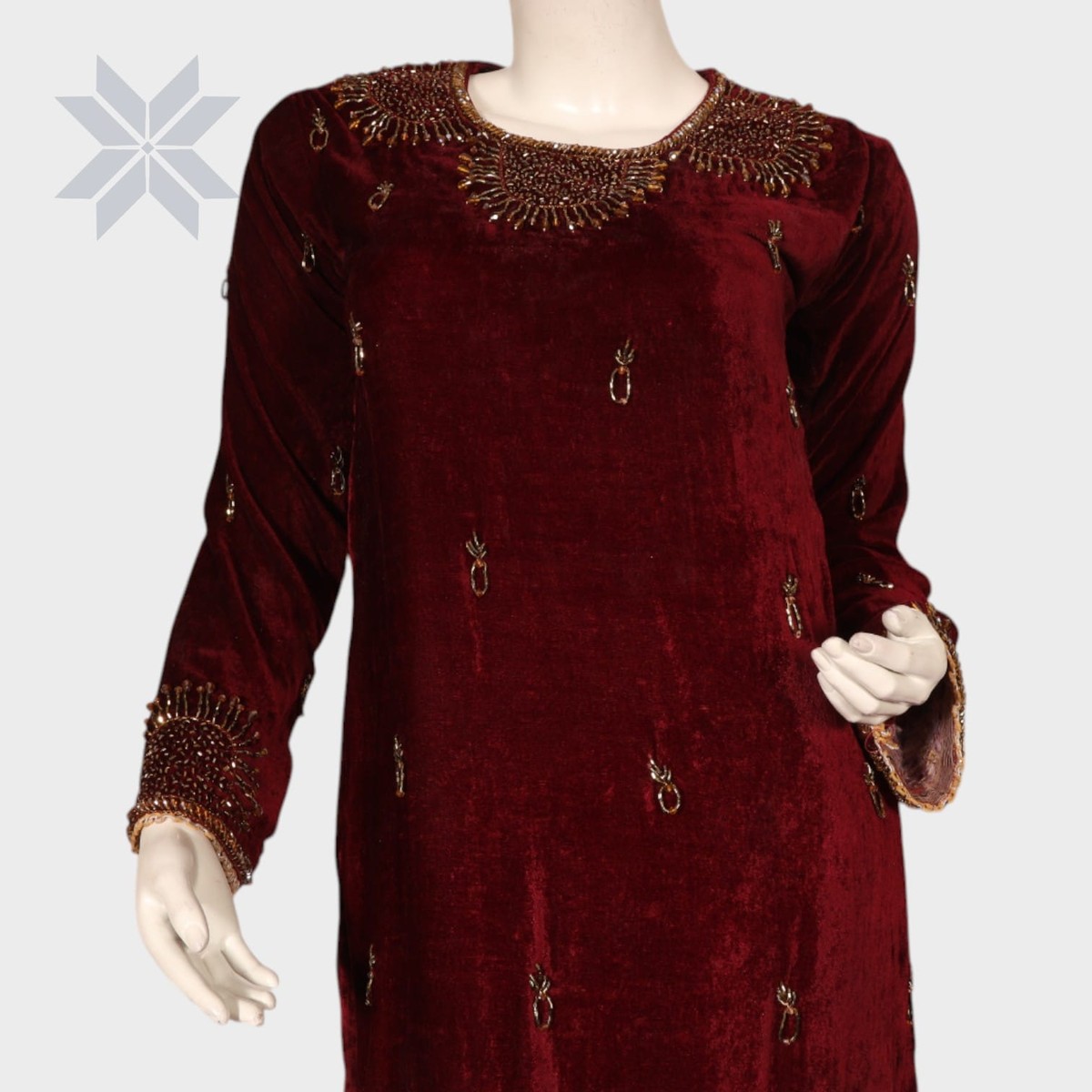 Maroon Hand-Embroidered Velvet Formal Dress 3