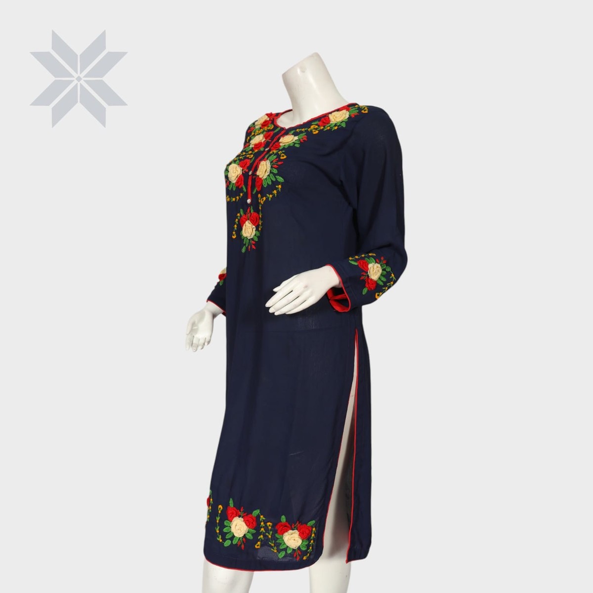 Navy Blue Floral Embroidered Cotton Kurti 4