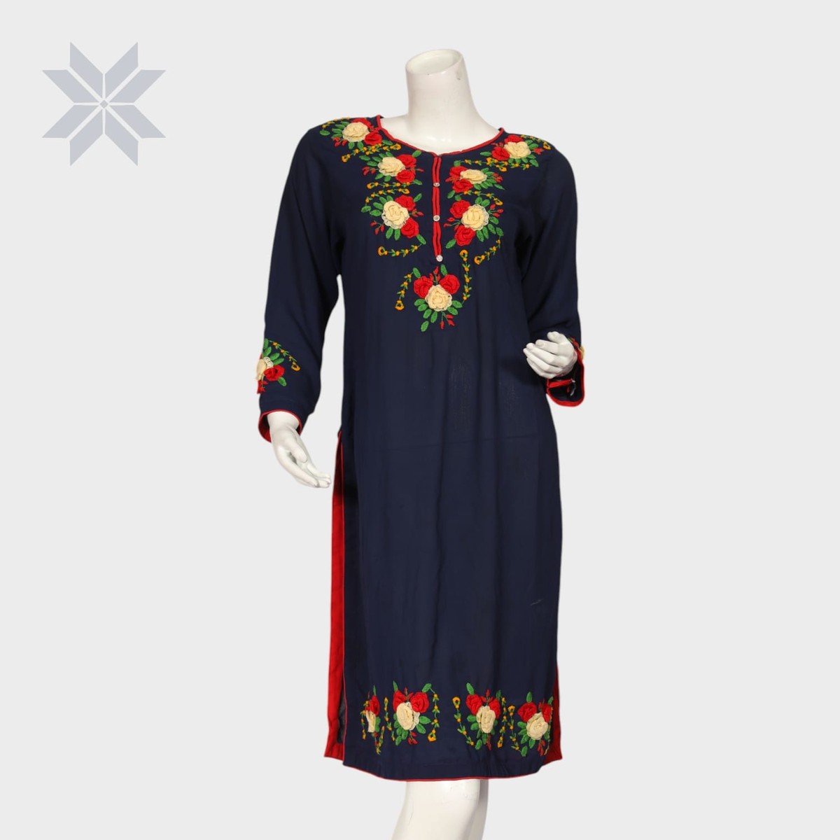 Navy Blue Floral Embroidered Cotton Kurti 2