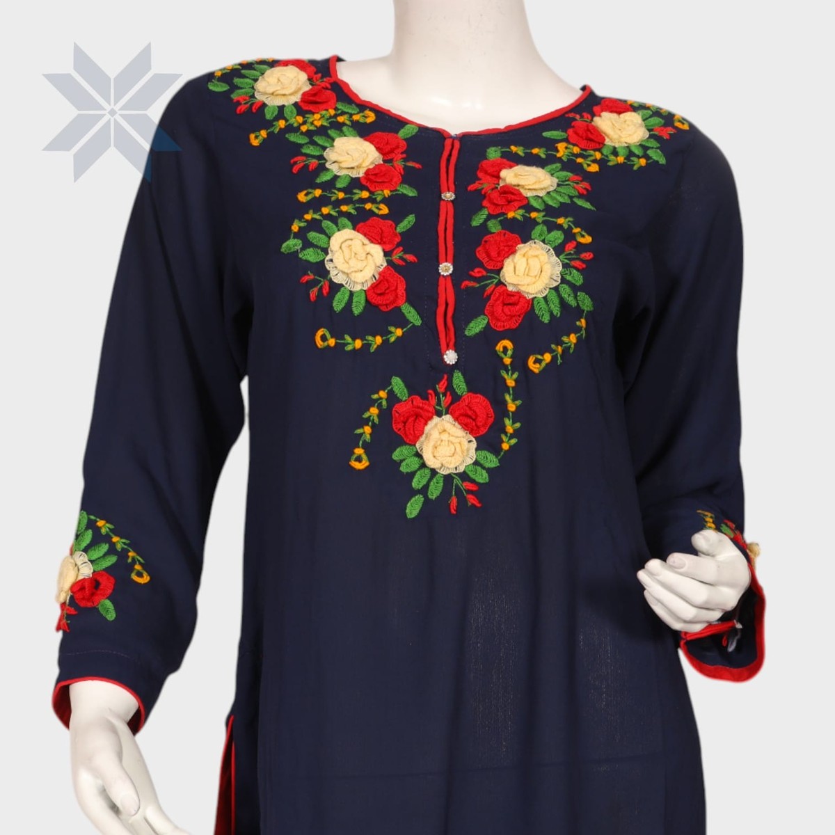 Navy Blue Floral Embroidered Cotton Kurti 3