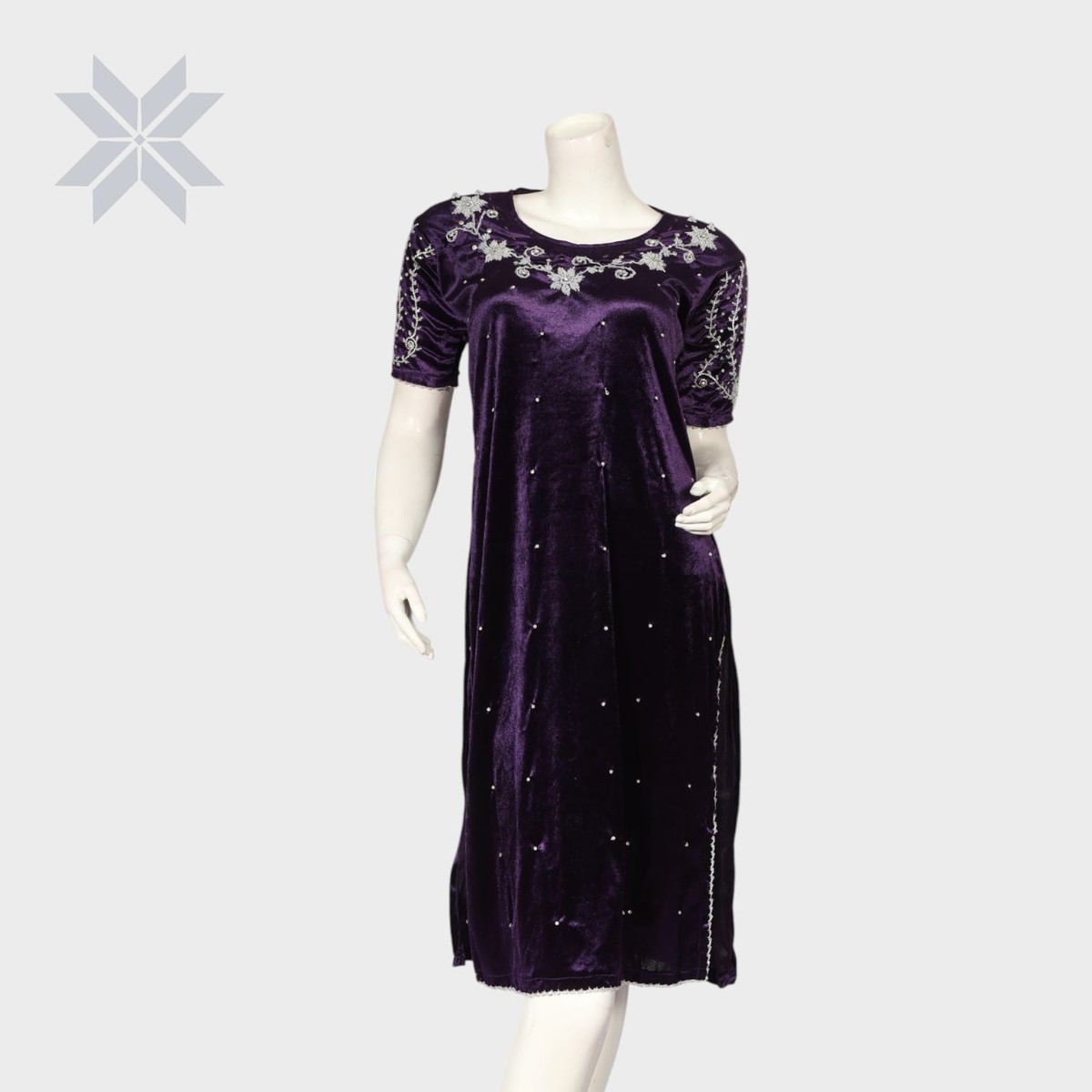 Deep Purple Embroidered Velvet Midi Dress 1