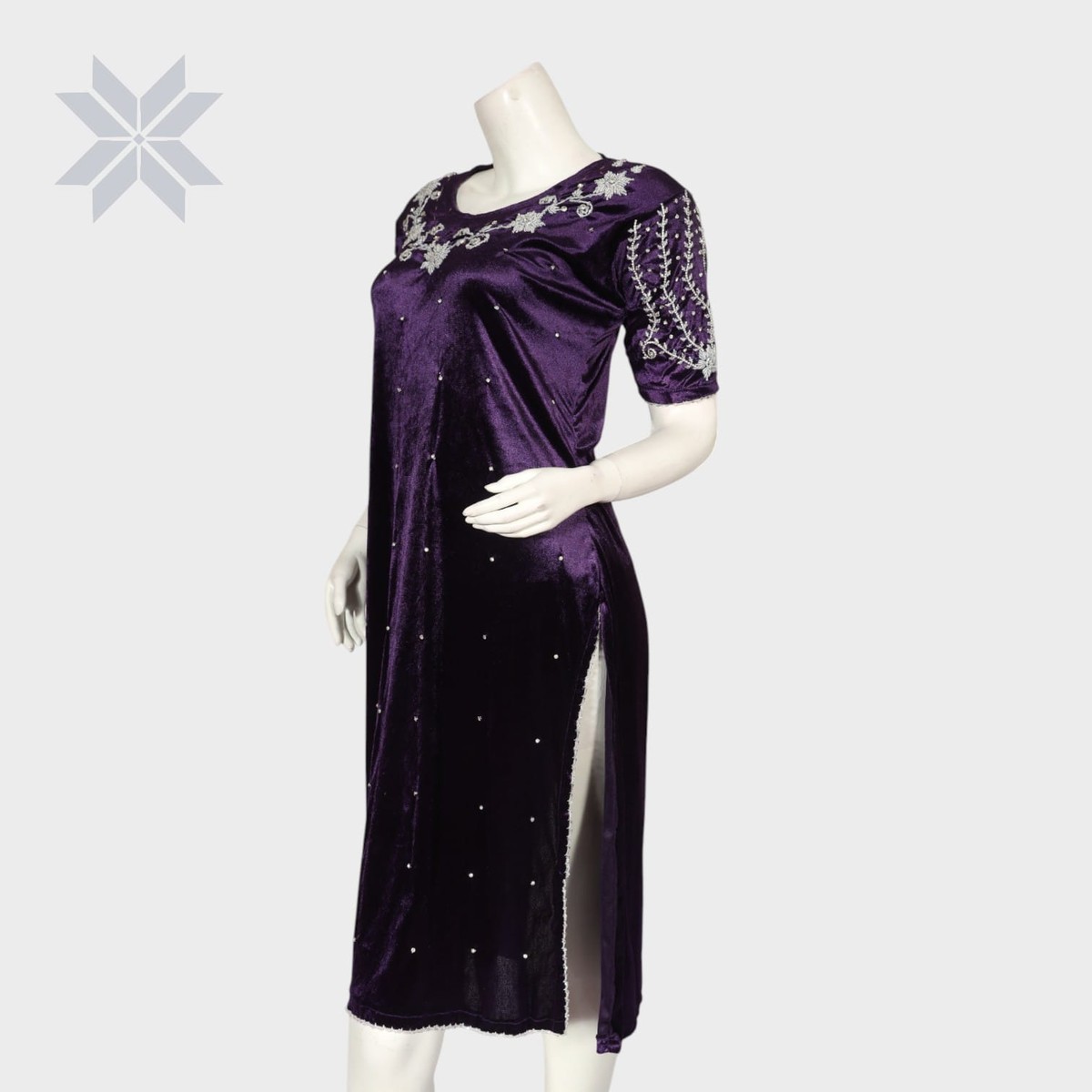 Deep Purple Embroidered Velvet Midi Dress 3