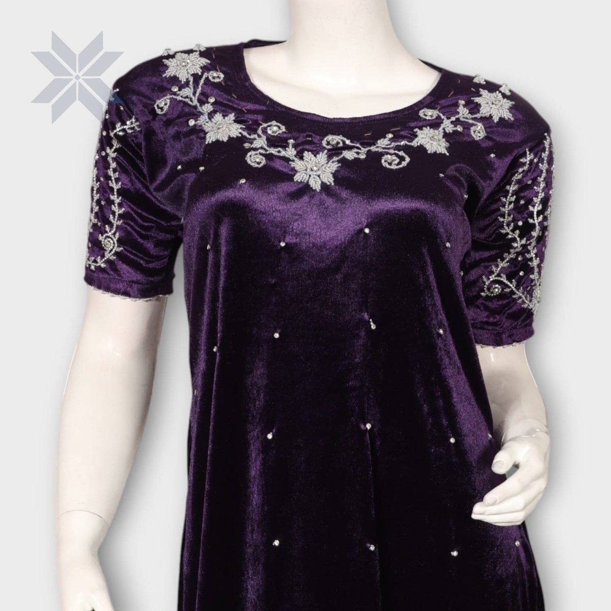 Deep Purple Embroidered Velvet Midi Dress 4