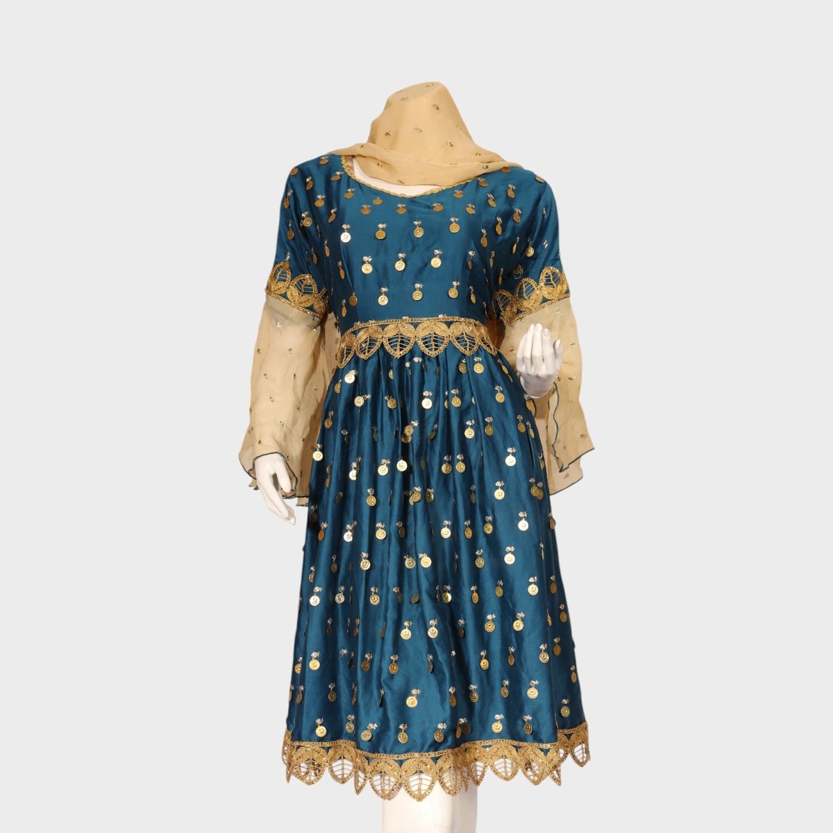 Teal & Gold Traditional Embroidered Party Dress with Dupatta 3