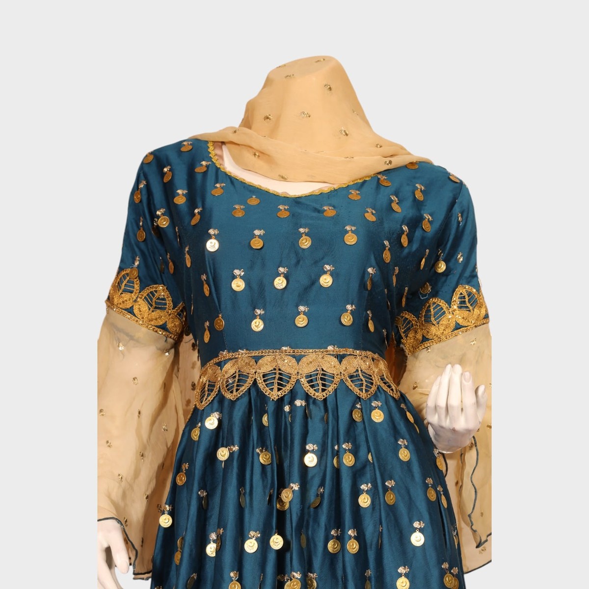 Teal & Gold Traditional Embroidered Party Dress with Dupatta 1