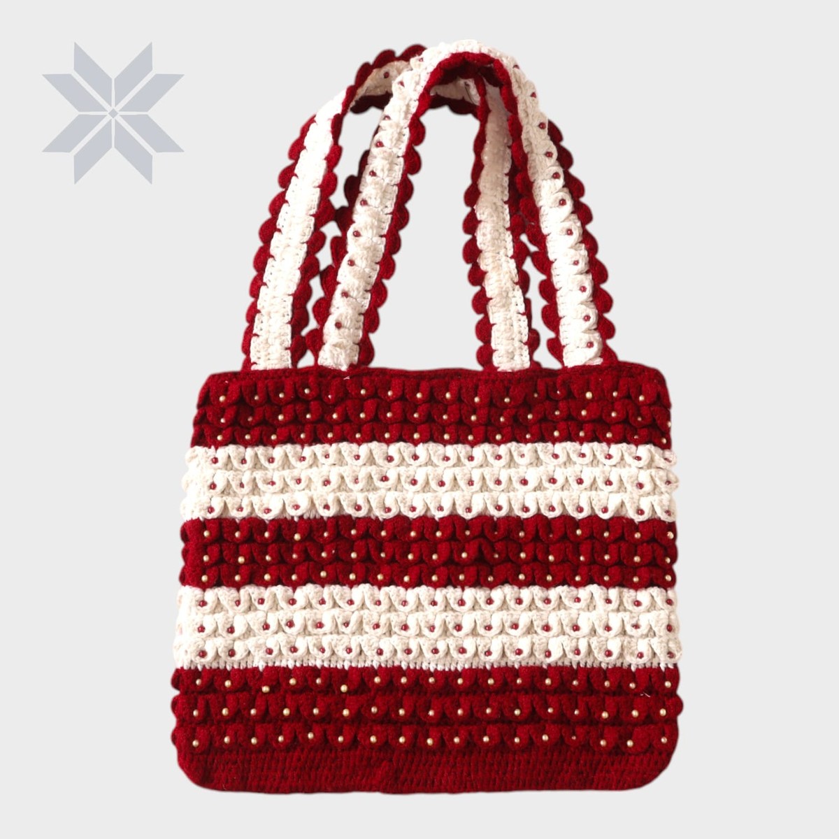 Zarnigar Crochet Tote – Red & Pearl Stripe 1