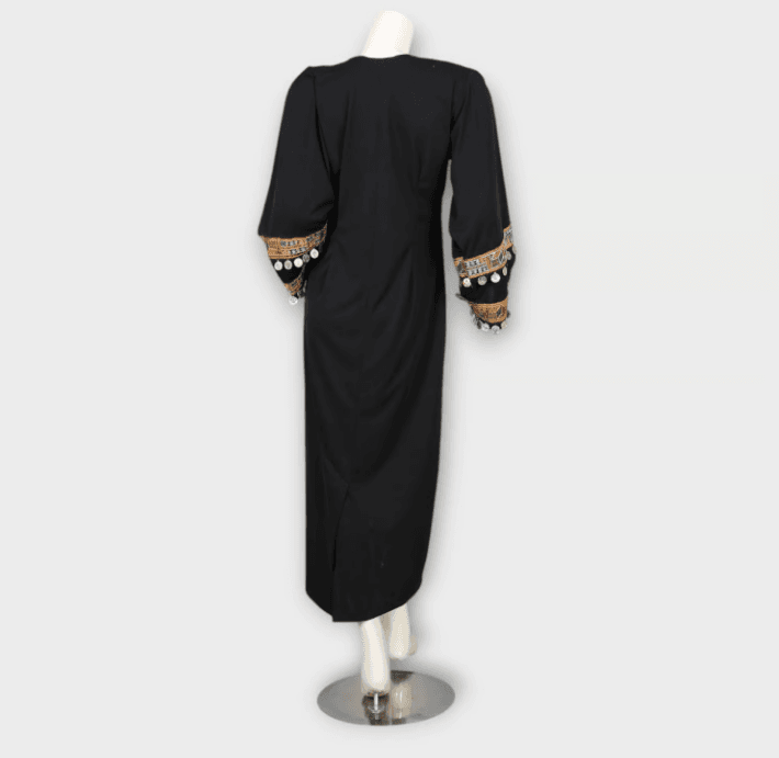 Black Traditional Afghani Dress with Colorful Embroidery and Coin Detailing 5