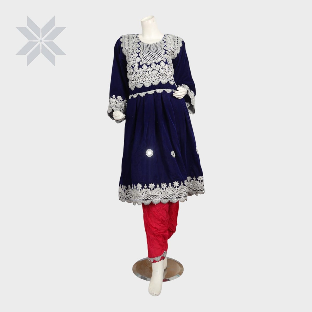 Midnight Blue Afghani Embroidered Set with Crimson Salwar 2