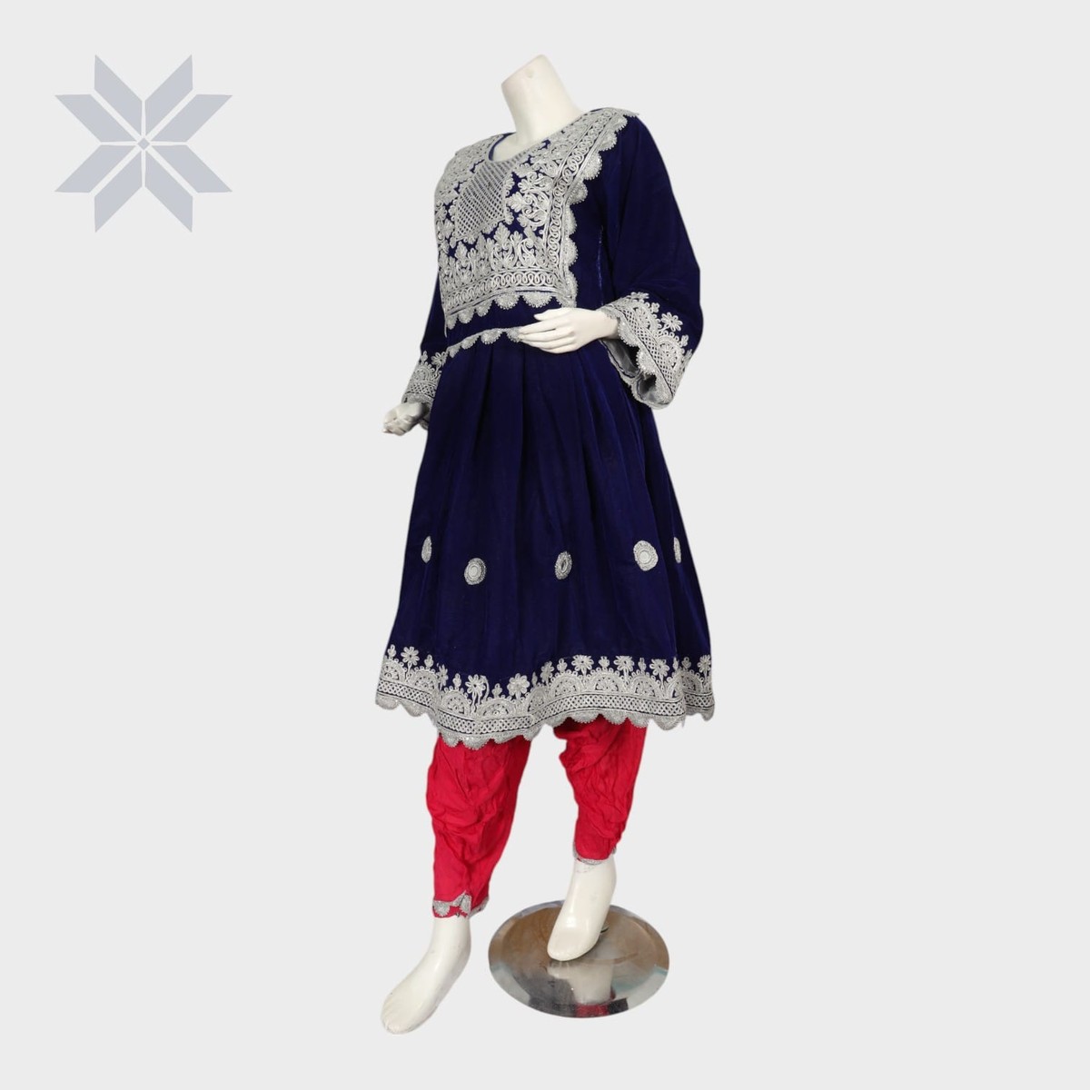 Midnight Blue Afghani Embroidered Set with Crimson Salwar 5
