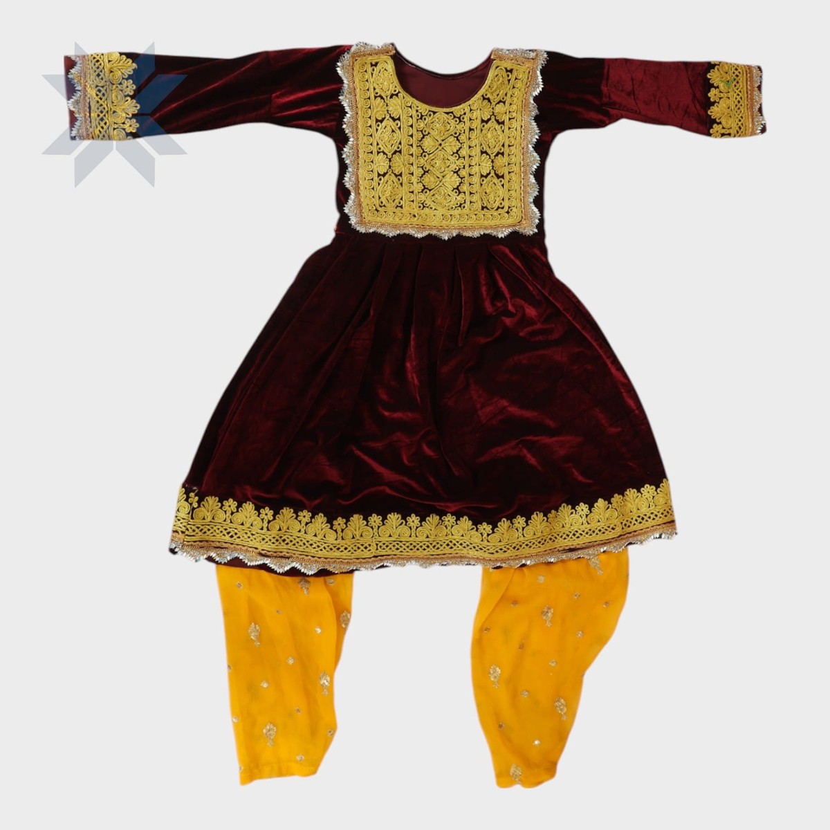 Royal Garnet Afghani Velvet Suit with Golden Embroidery 3