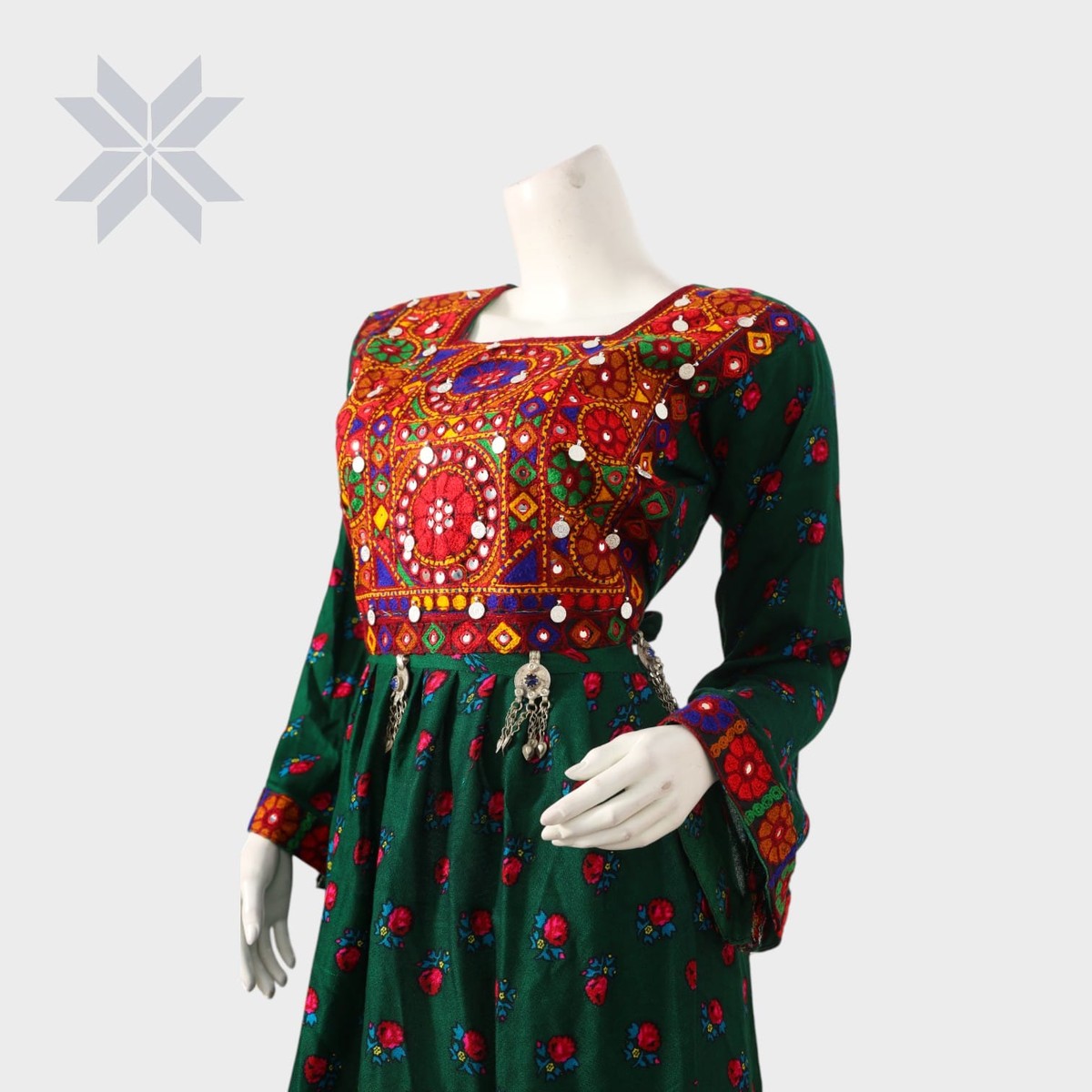 green emerald velvet dress Tribal Balochi dress, with colorful embroidery #3 – Woshoush Galerie &  Trading