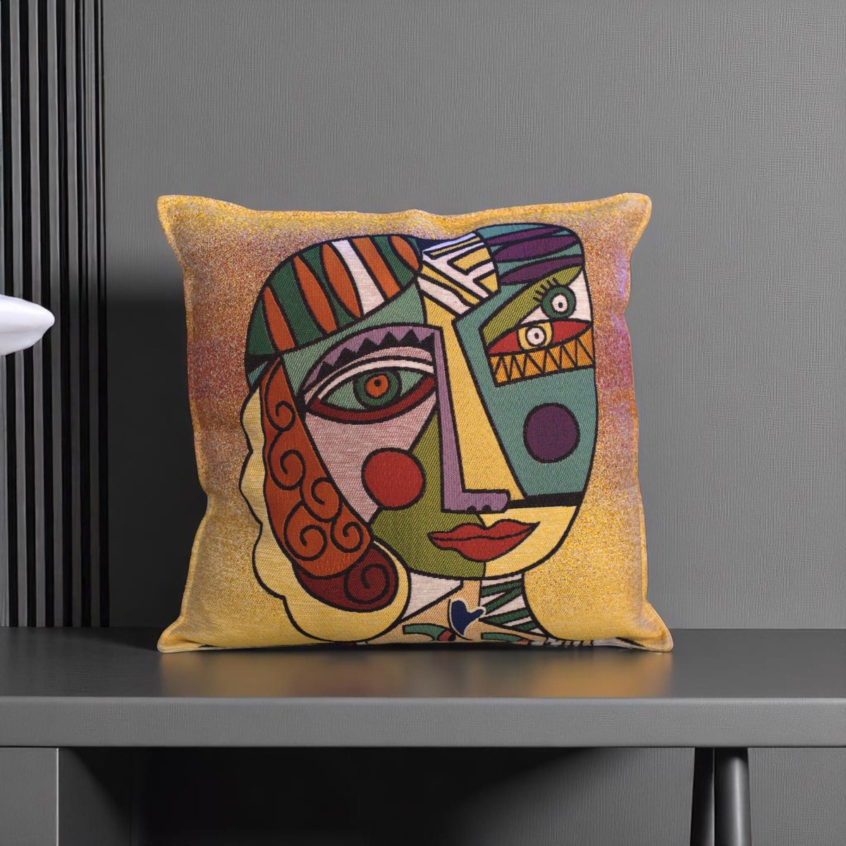 Modern Abstract Face Decorative Throw Pillow Cover, Artistic Embroidered Design, Multicolor 3