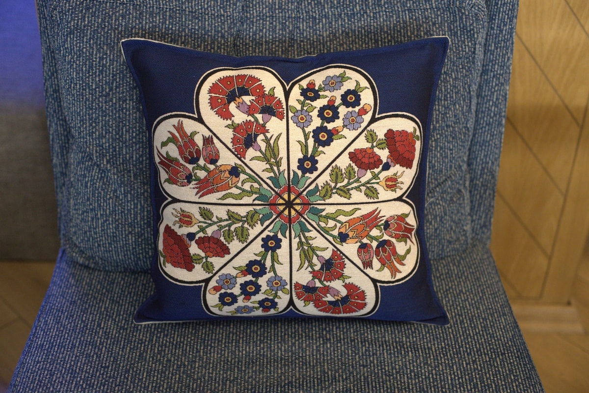 Set of 2 Suzani Throw Pillow Covers – Navy Blue & White Embroidered Design 1