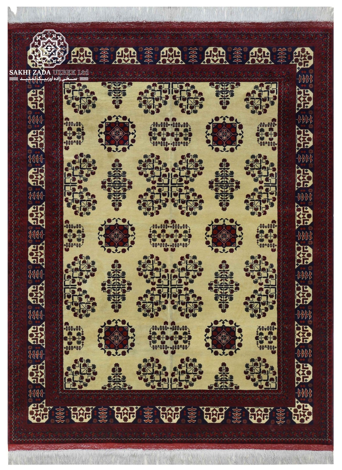 Handwoven Bokharay Wool Carpet 2x1.5m | Cream & Red Belgian Wool Rug | Durable 1