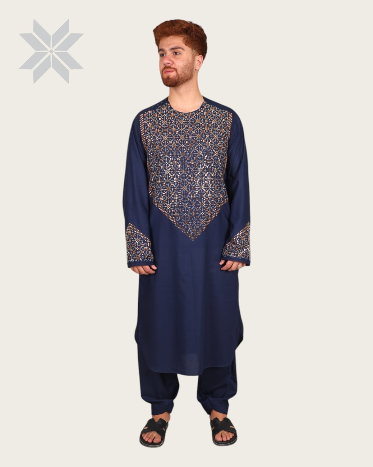 Deep Navy Royal Men's Outfit with Multicolor Glass Embroidery 4