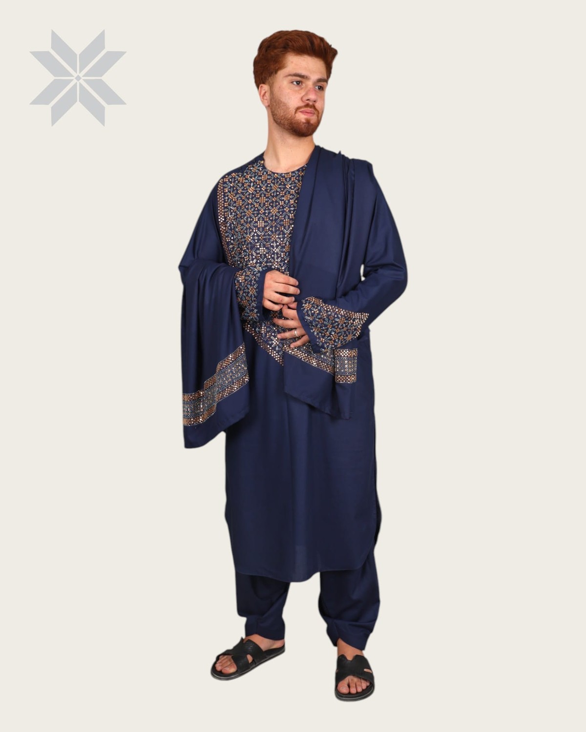 Deep Navy Royal Men's Outfit with Multicolor Glass Embroidery 3