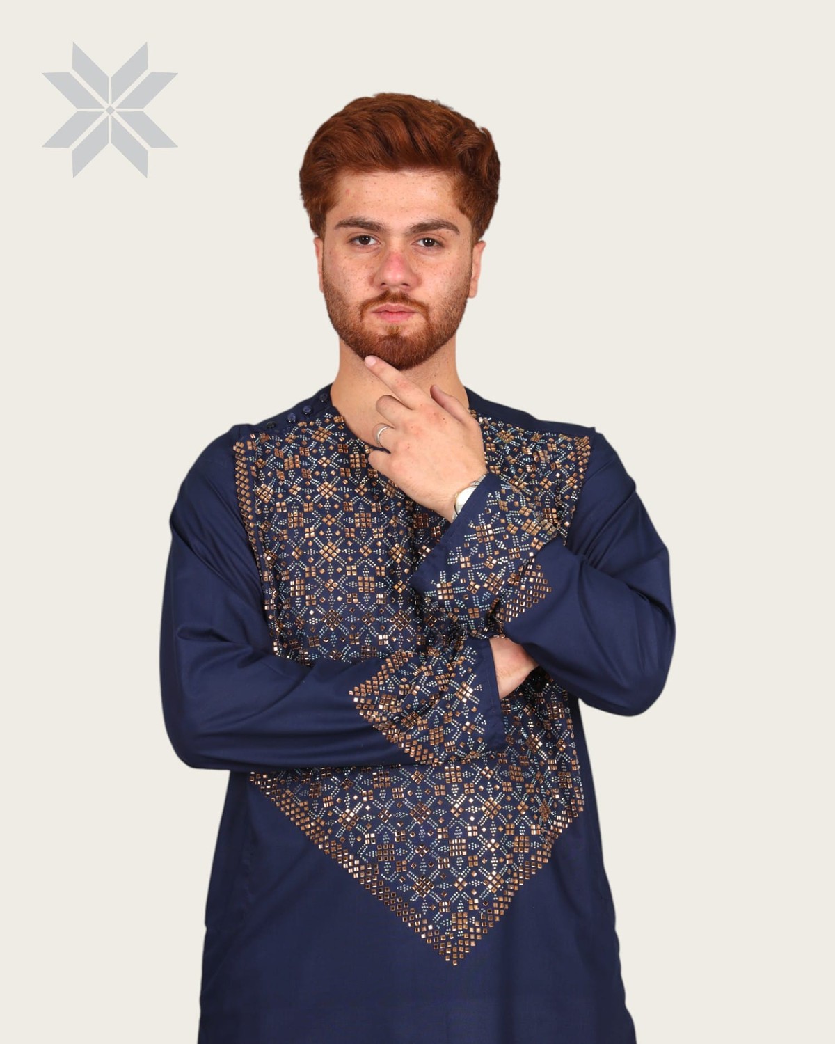 Deep Navy Royal Men's Outfit with Multicolor Glass Embroidery 1