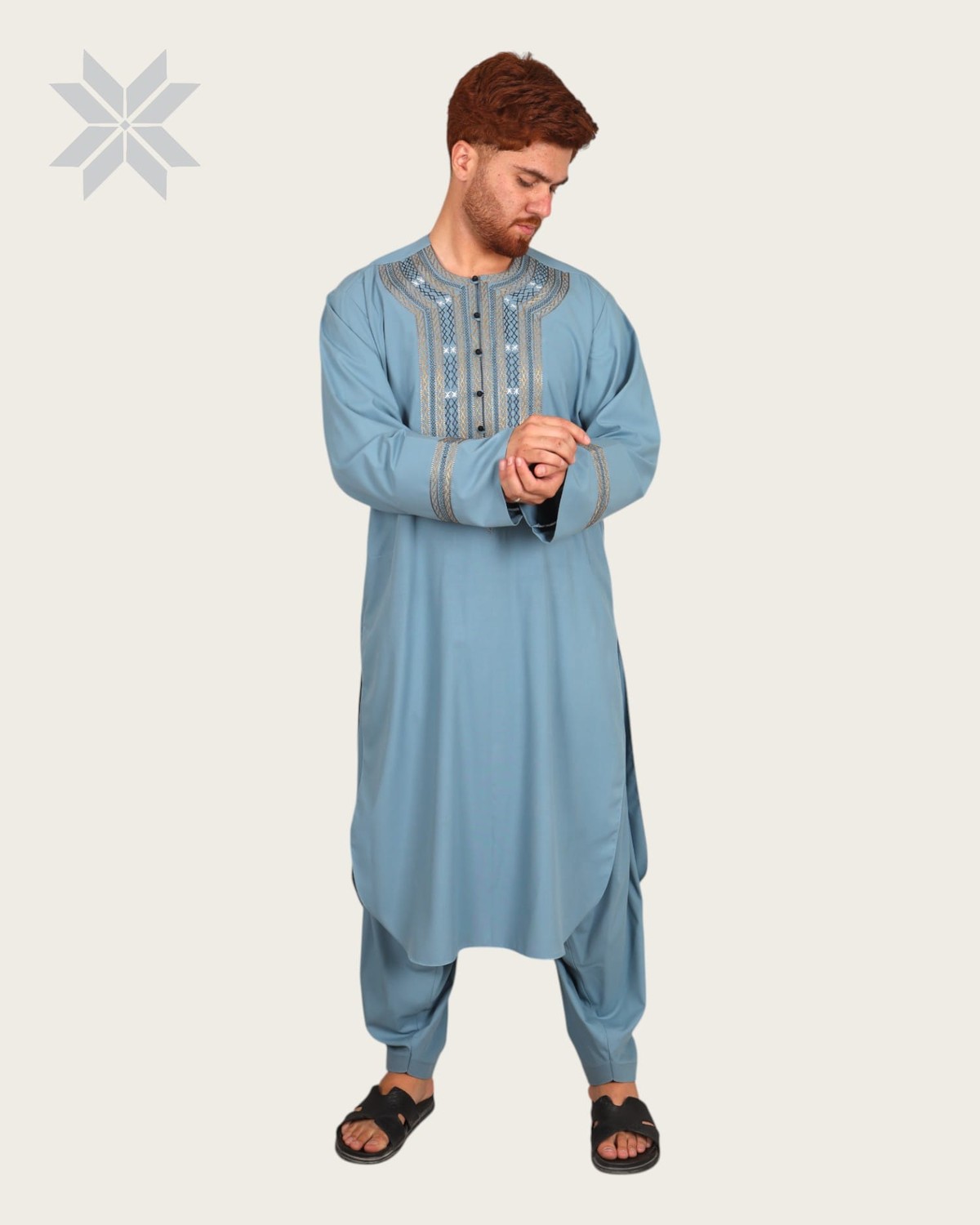 Men’s Sky Blue Traditional Wear with Hindi-Arabic Embroidery 3