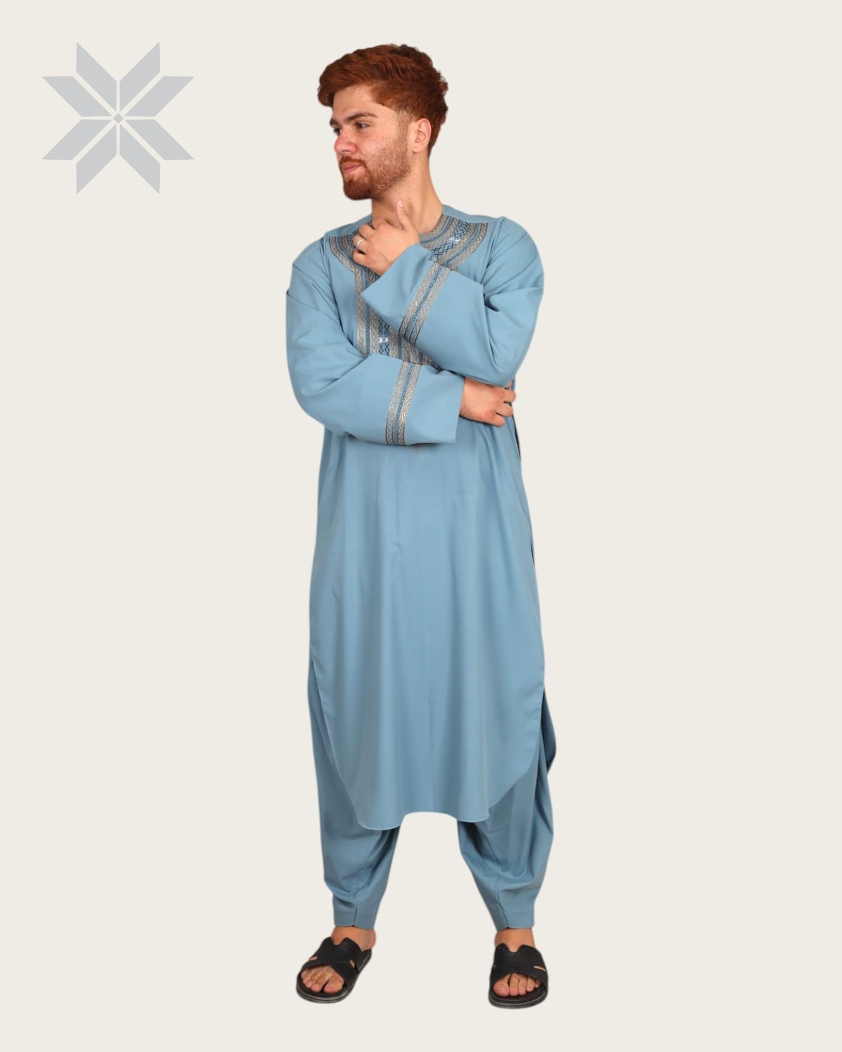 Men’s Sky Blue Traditional Wear with Hindi-Arabic Embroidery 1