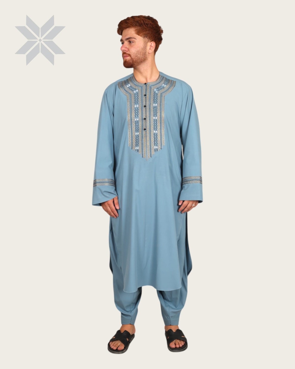 Men’s Sky Blue Traditional Wear with Hindi-Arabic Embroidery 2