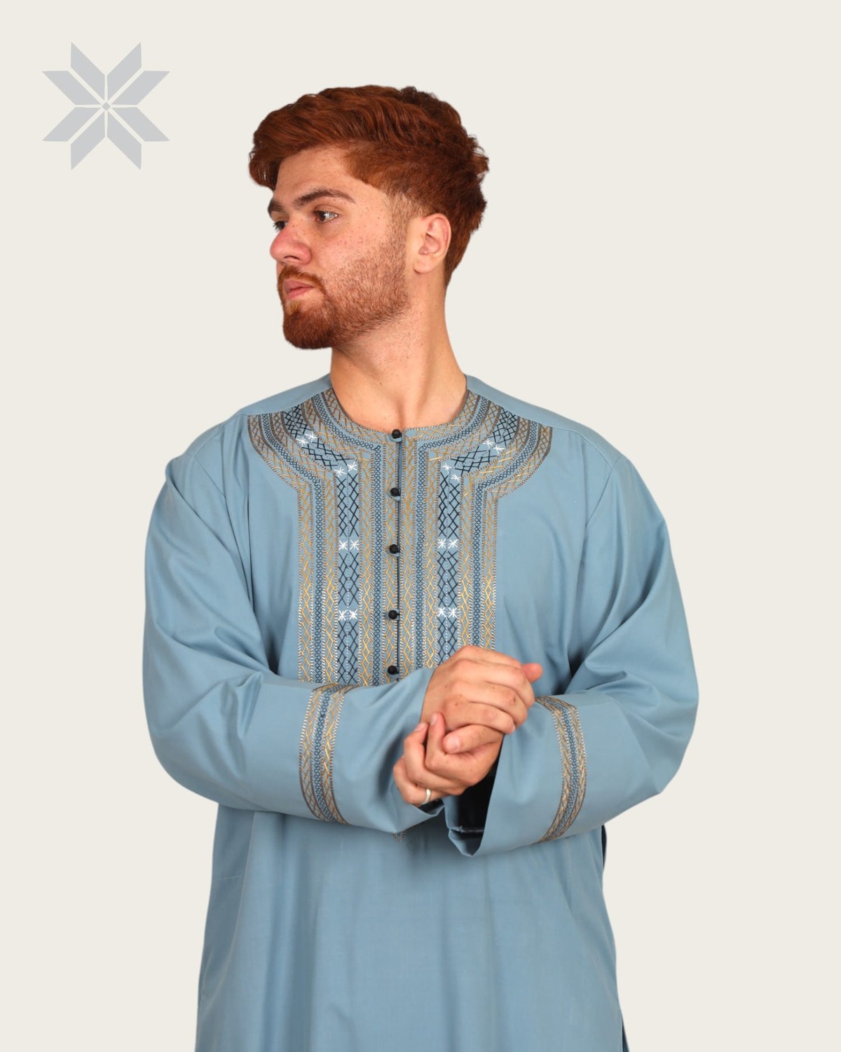 Men’s Sky Blue Traditional Wear with Hindi-Arabic Embroidery 4