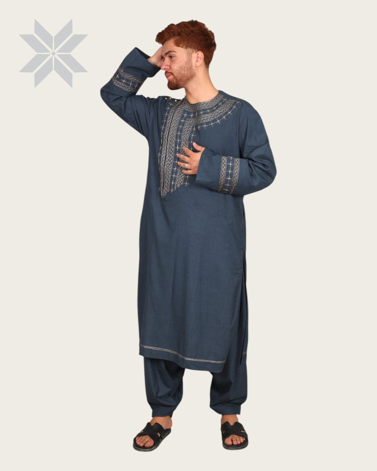 Blue Men’s Qassimay Outfit with Golden Embroidery 3