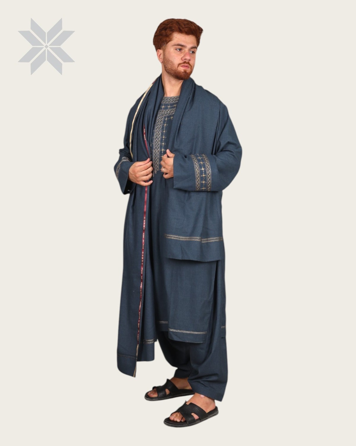 Blue Men’s Qassimay Outfit with Golden Embroidery 6
