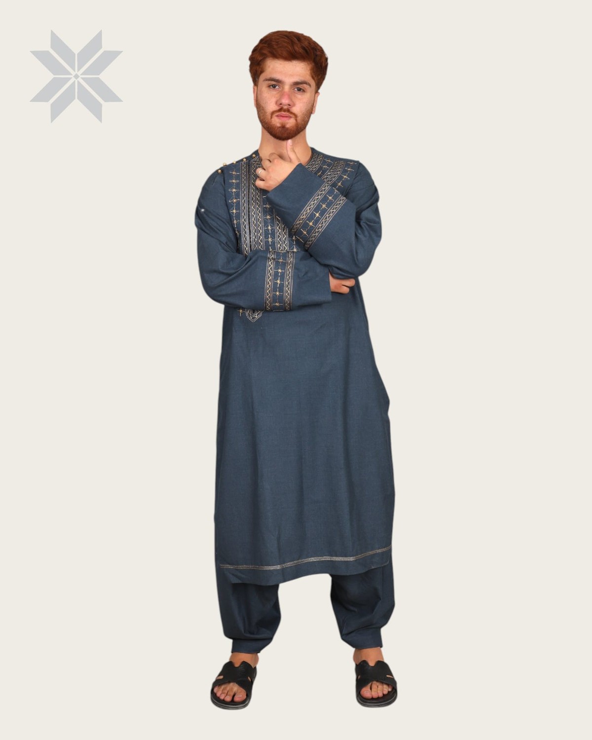 Blue Men’s Qassimay Outfit with Golden Embroidery 4