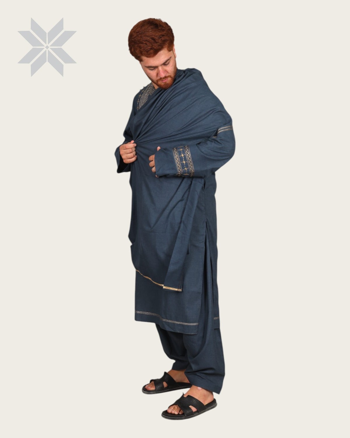 Blue Men’s Qassimay Outfit with Golden Embroidery 5