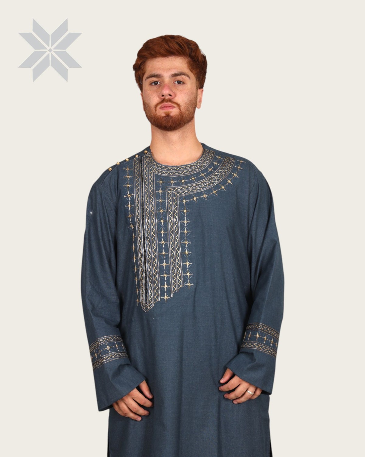 Blue Men’s Qassimay Outfit with Golden Embroidery 1