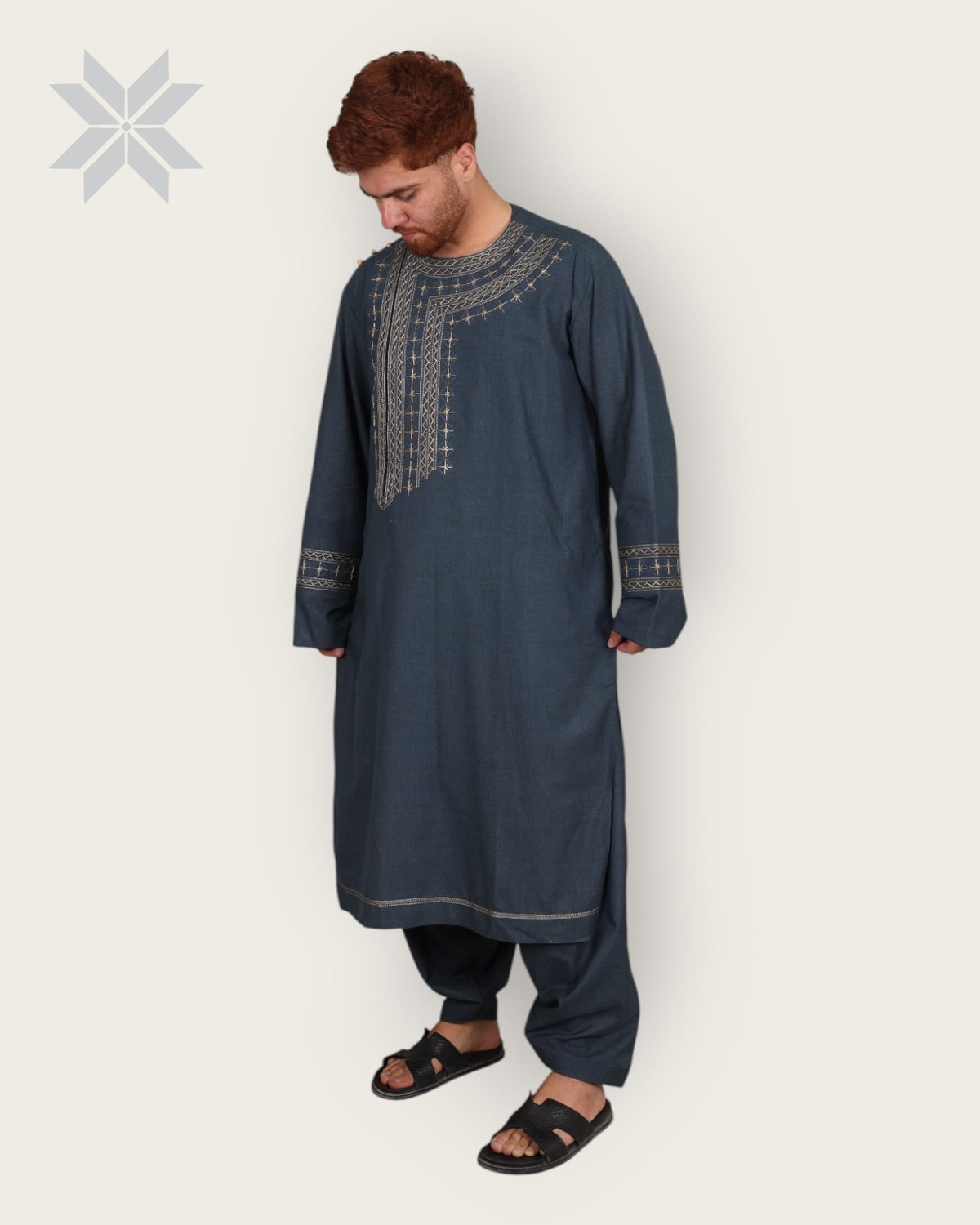 Blue Men’s Qassimay Outfit with Golden Embroidery 2