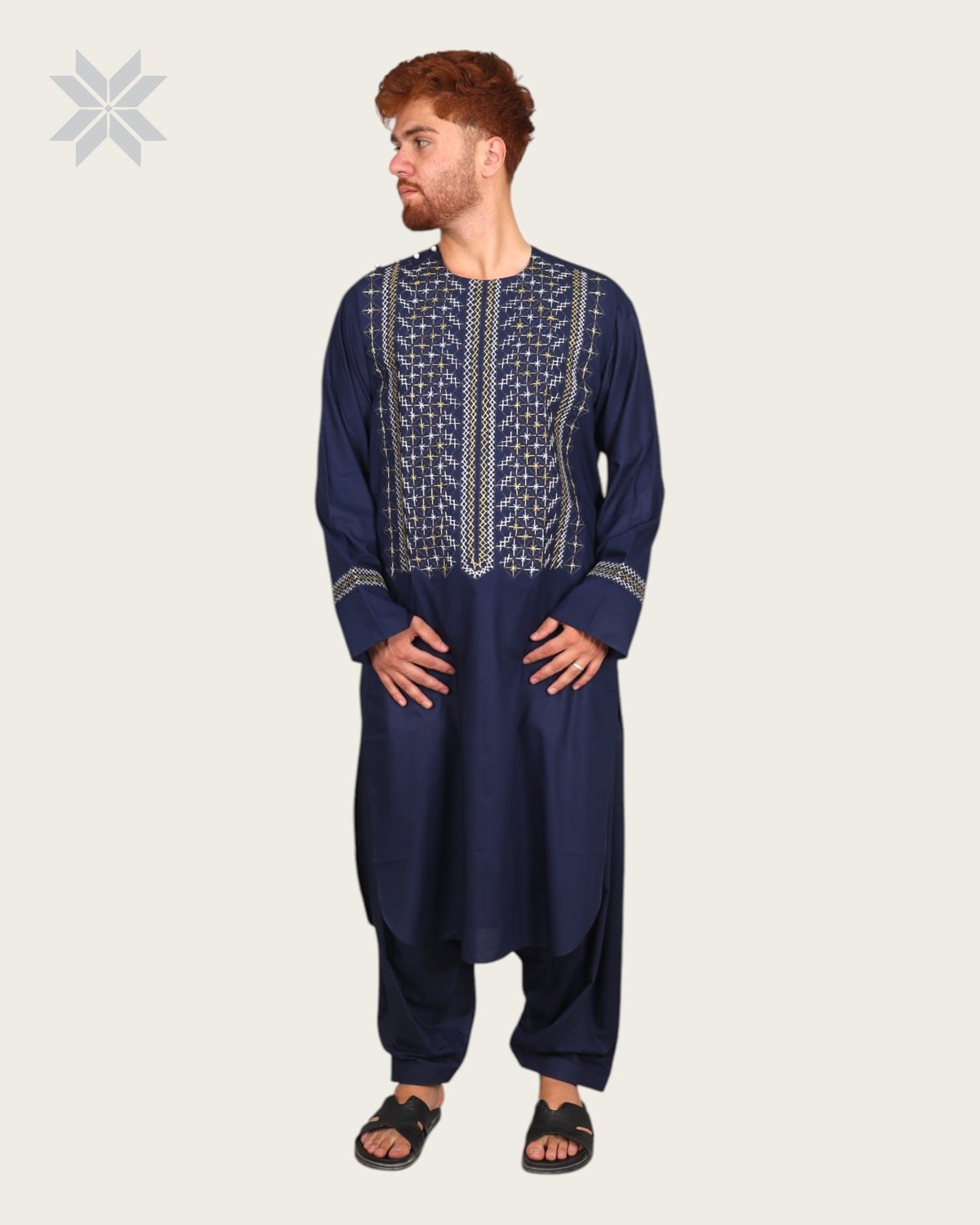 Men’s Blue Traditional Cloth with Elegant Gold & White Embroidery 2