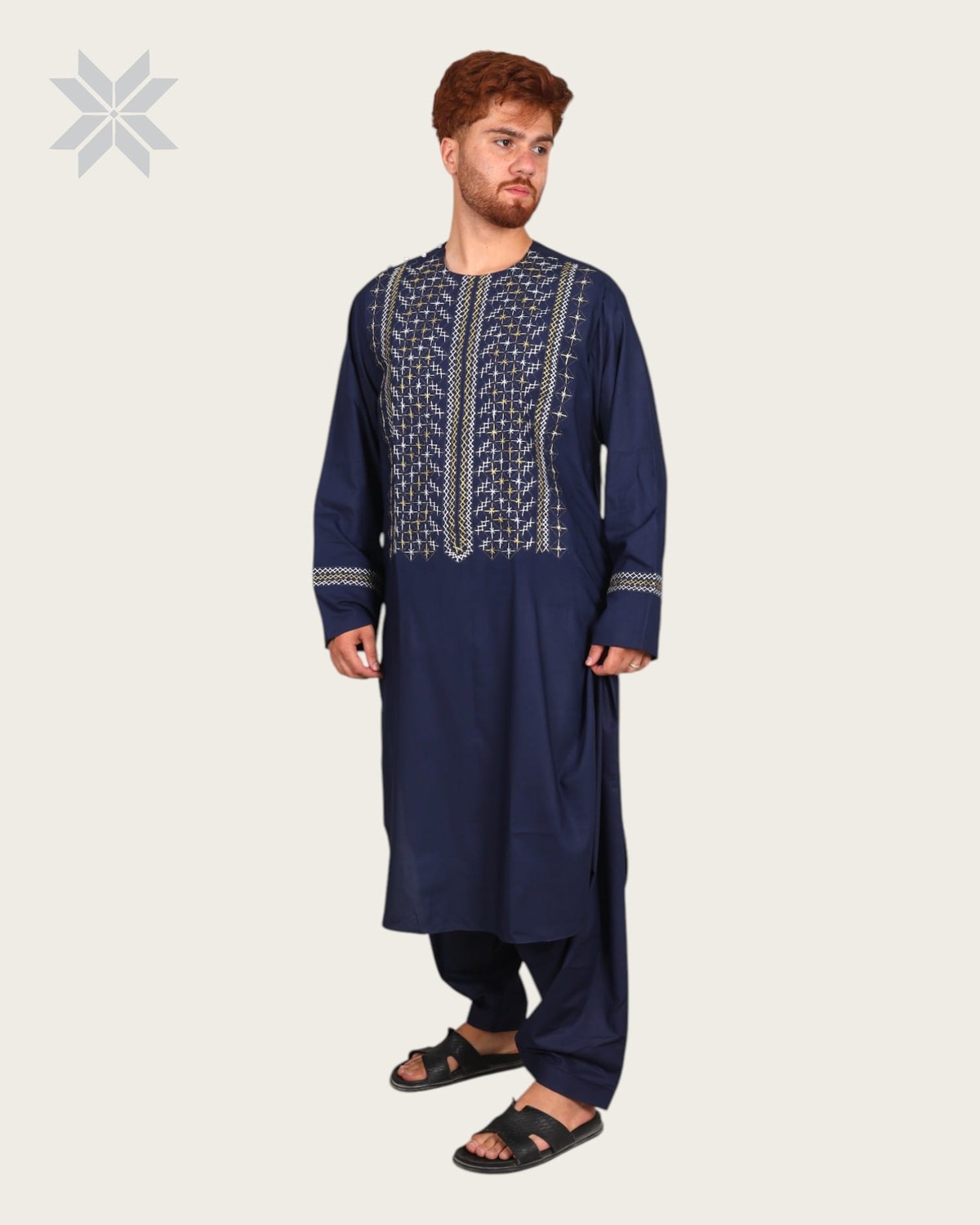 Men’s Blue Traditional Cloth with Elegant Gold & White Embroidery 3