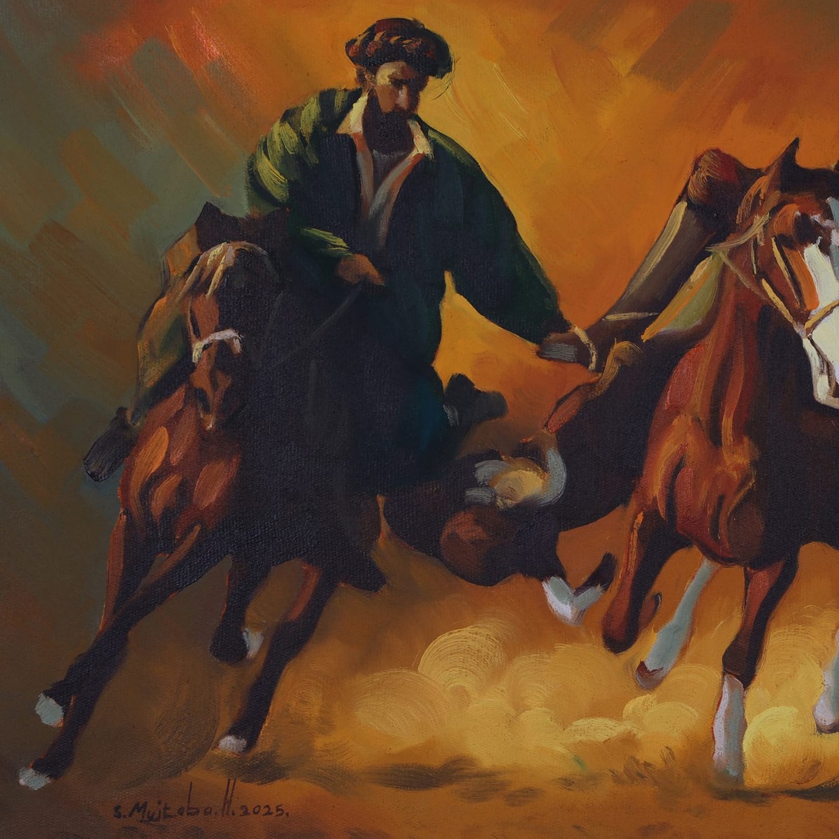 Buzkashi Warriors, Original Afghan Oil Painting (16 x 22 Inches) 2