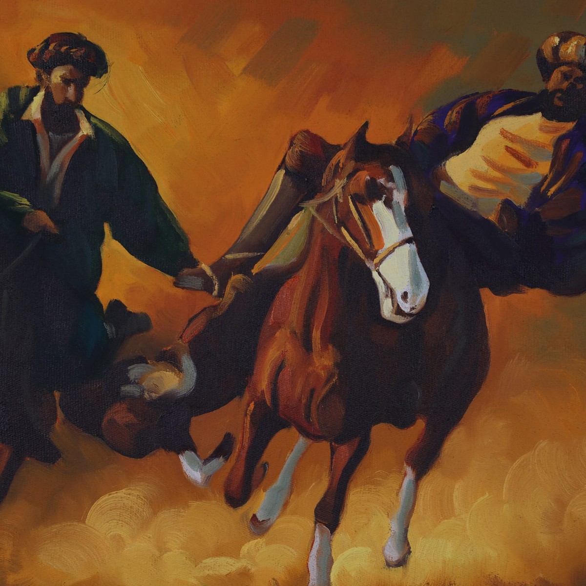 Buzkashi Warriors, Original Afghan Oil Painting (16 x 22 Inches) 1