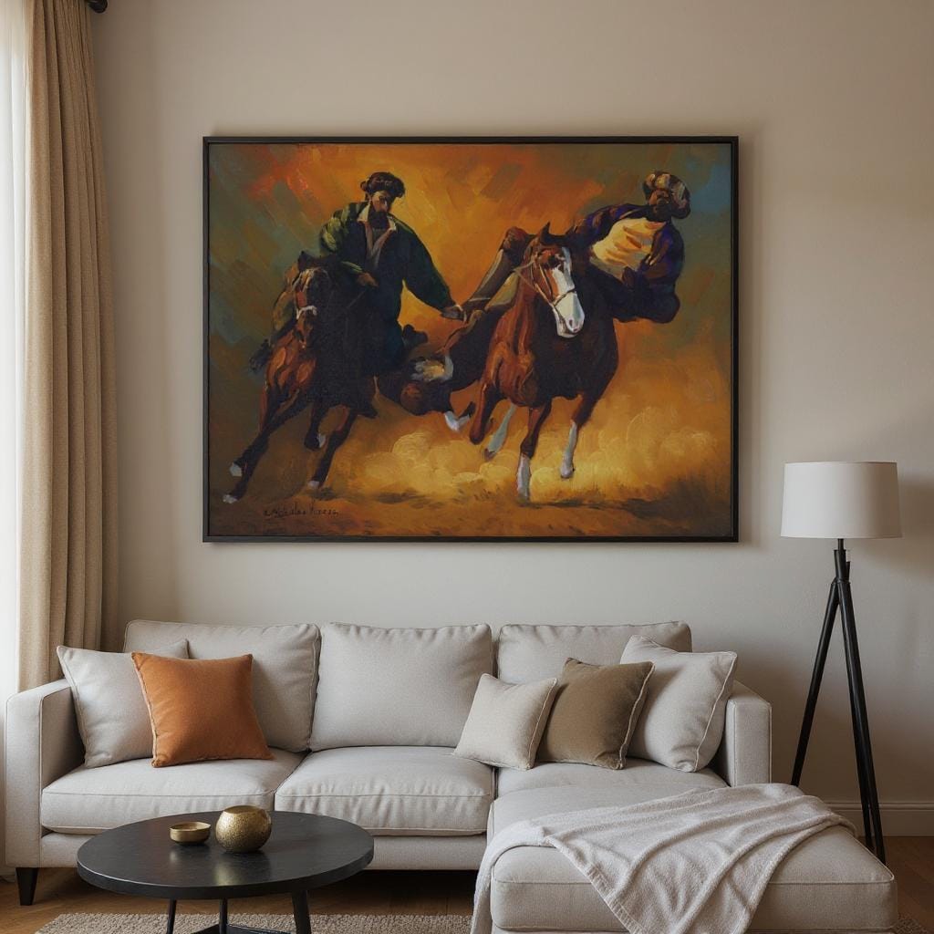 Buzkashi Warriors, Original Afghan Oil Painting (16 x 22 Inches) 4