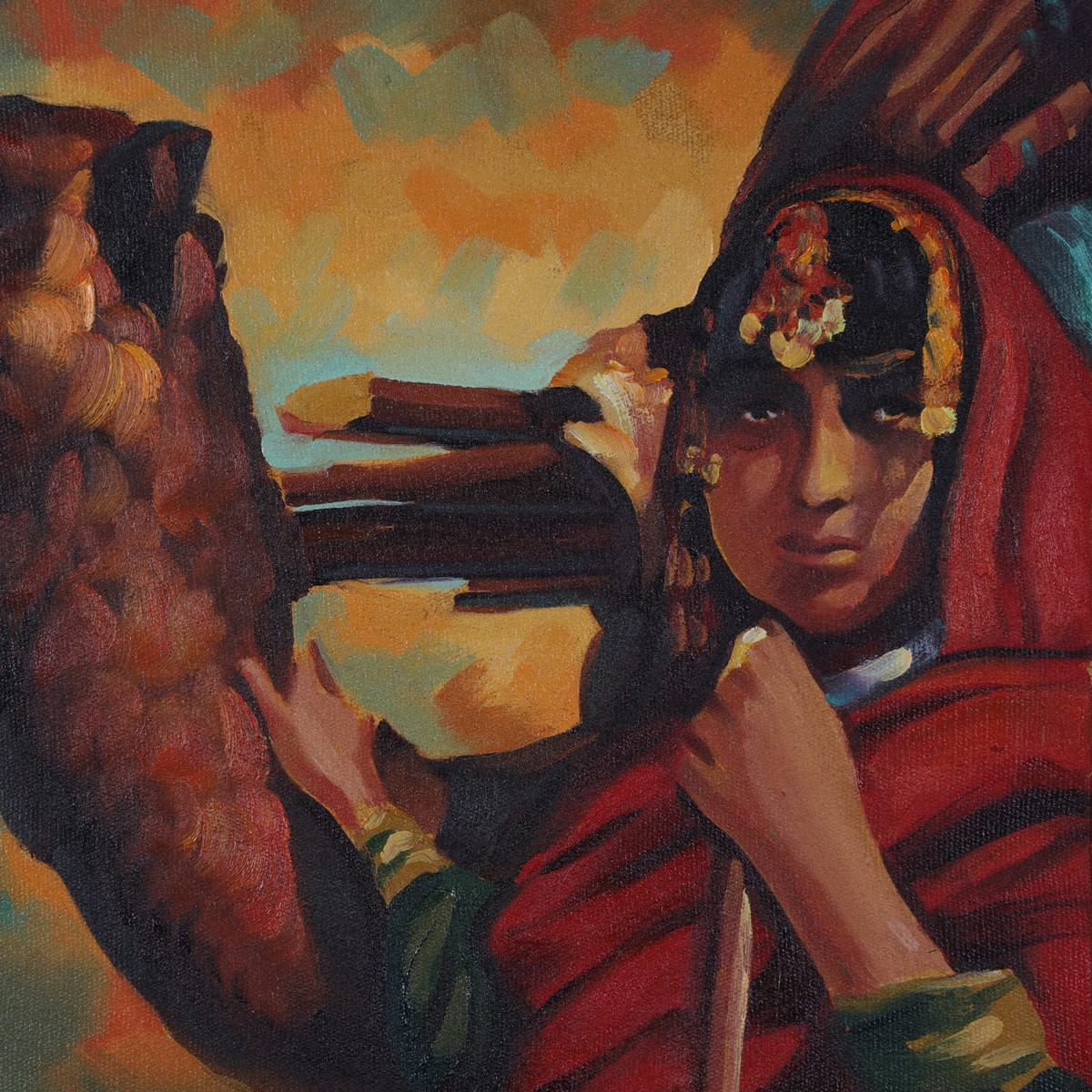 Oil Painting Afghan Girl and Camel Traditional Nomadic Life 1