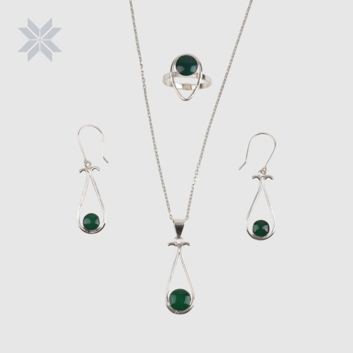 Green Agate “Deer Eye” Necklace, Earing, Ring Set 7