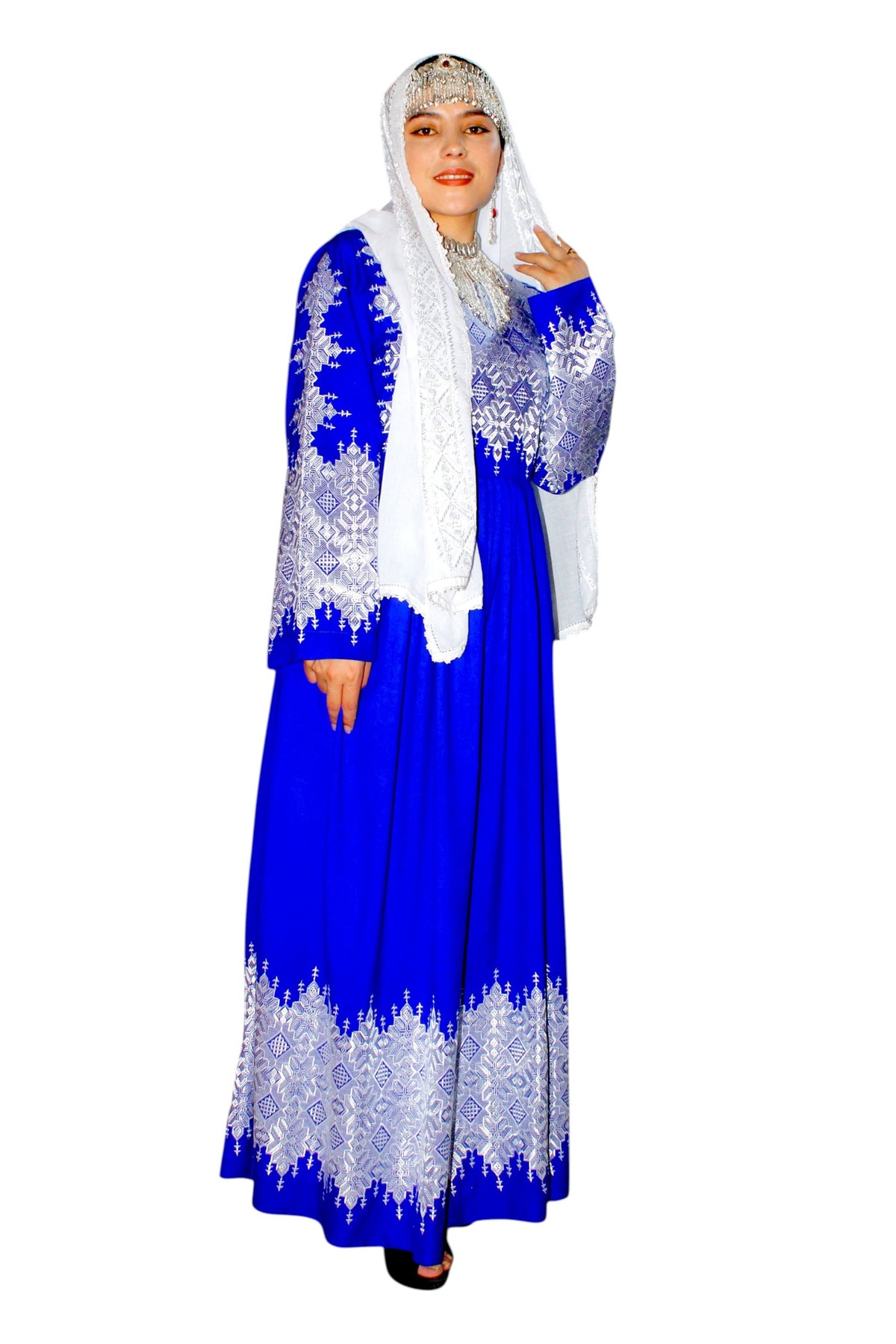 Hazaragi Long Party Blue Dress with White Embroidery 1