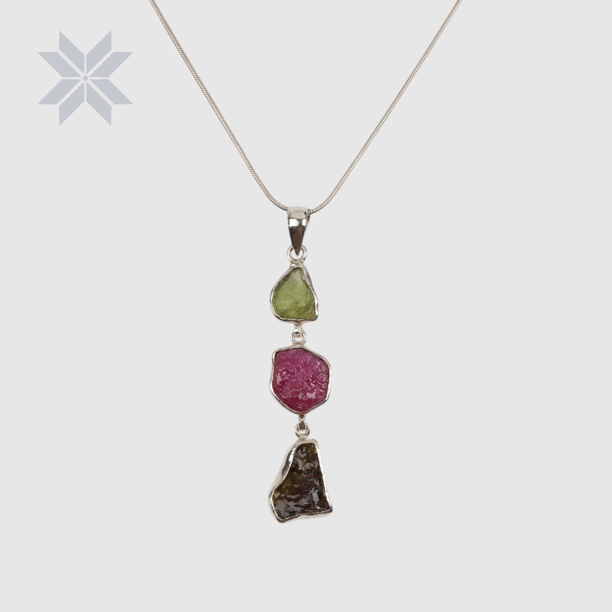 Raw Gemstone Pendant Necklace – Peridot, Ruby & Tourmaline 3