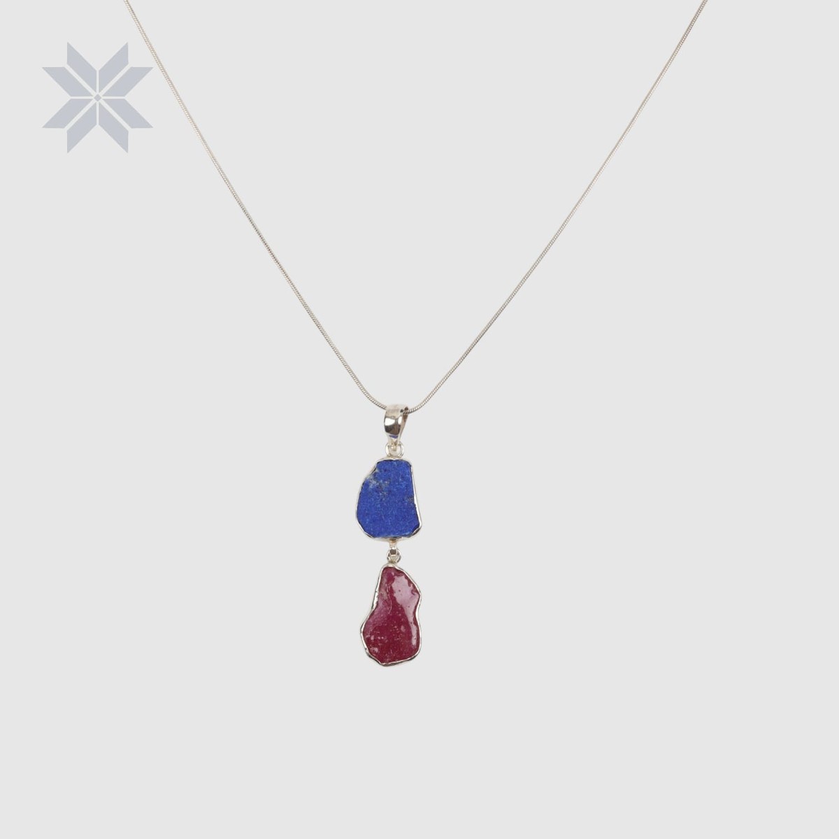 Two Stone Rough Cut Necklace – Lapis & Ruby | Boho Pendant | 925 Sterling Silver 2