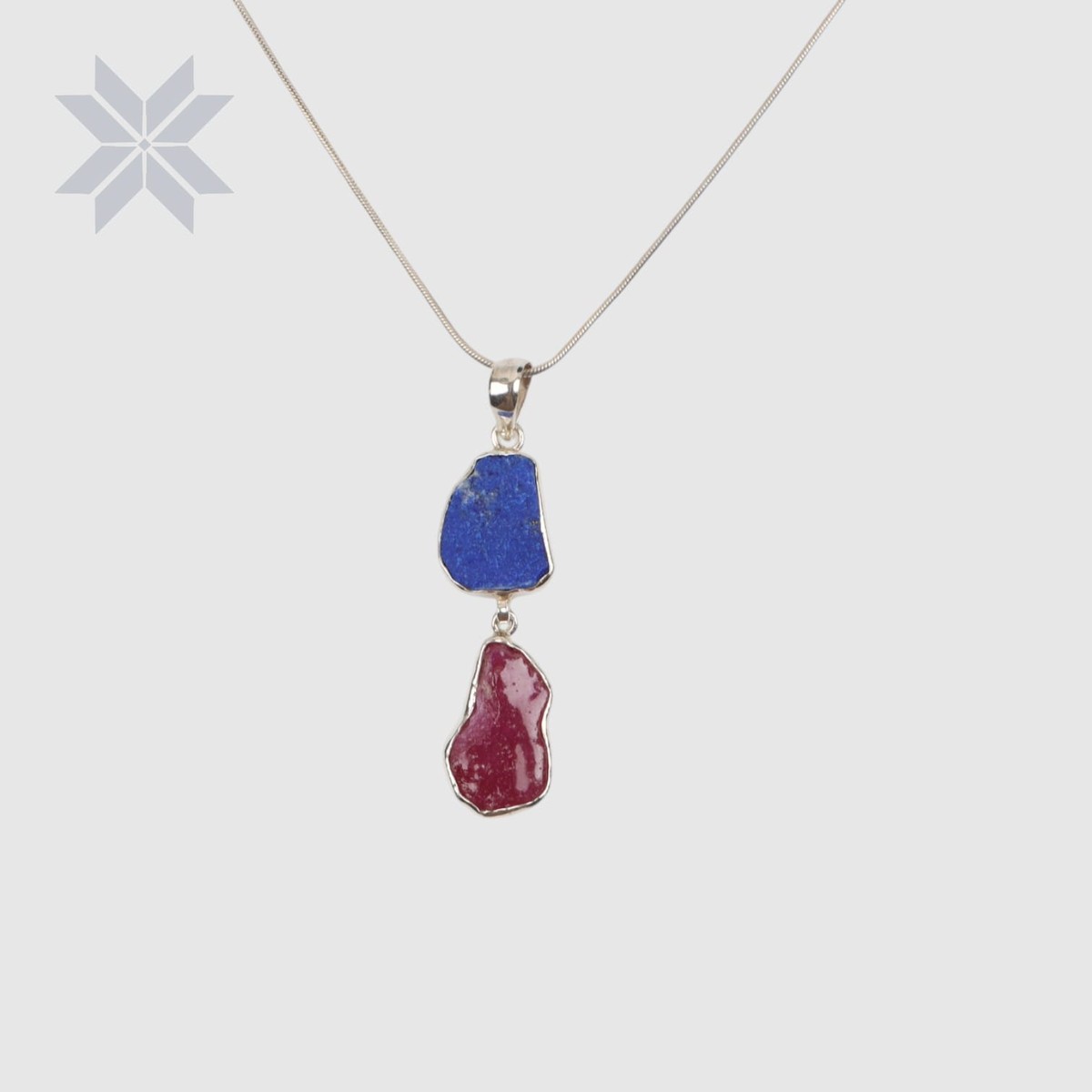 Two Stone Rough Cut Necklace – Lapis & Ruby | Boho Pendant | 925 Sterling Silver 1