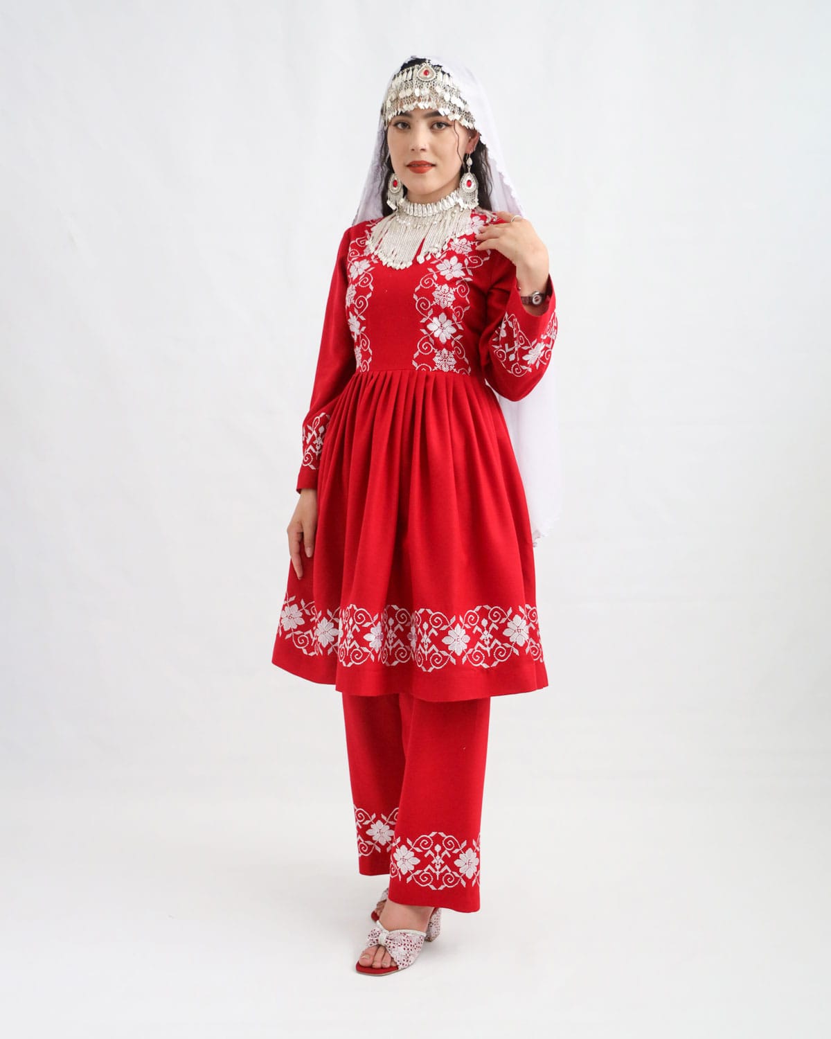 Hazaragi Red & White Cotton Dress with Handmade Scarf & Jewelry Set 2