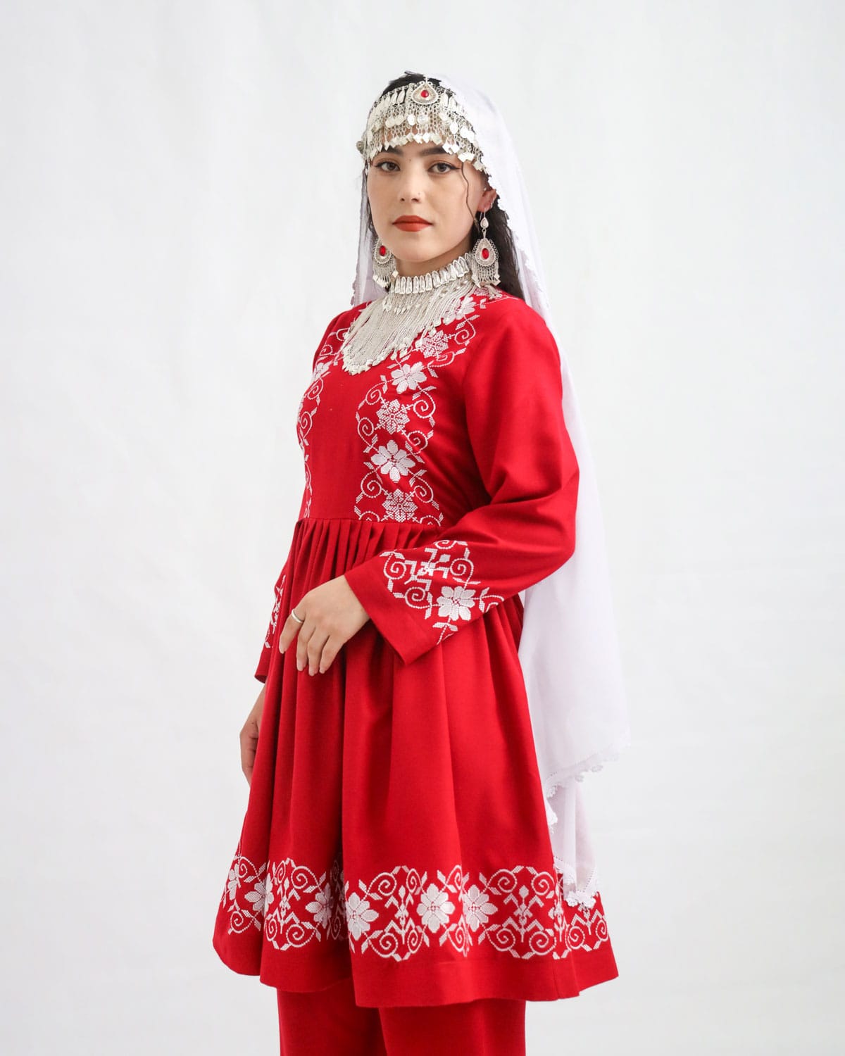 Hazaragi Red & White Cotton Dress with Handmade Scarf & Jewelry Set 4